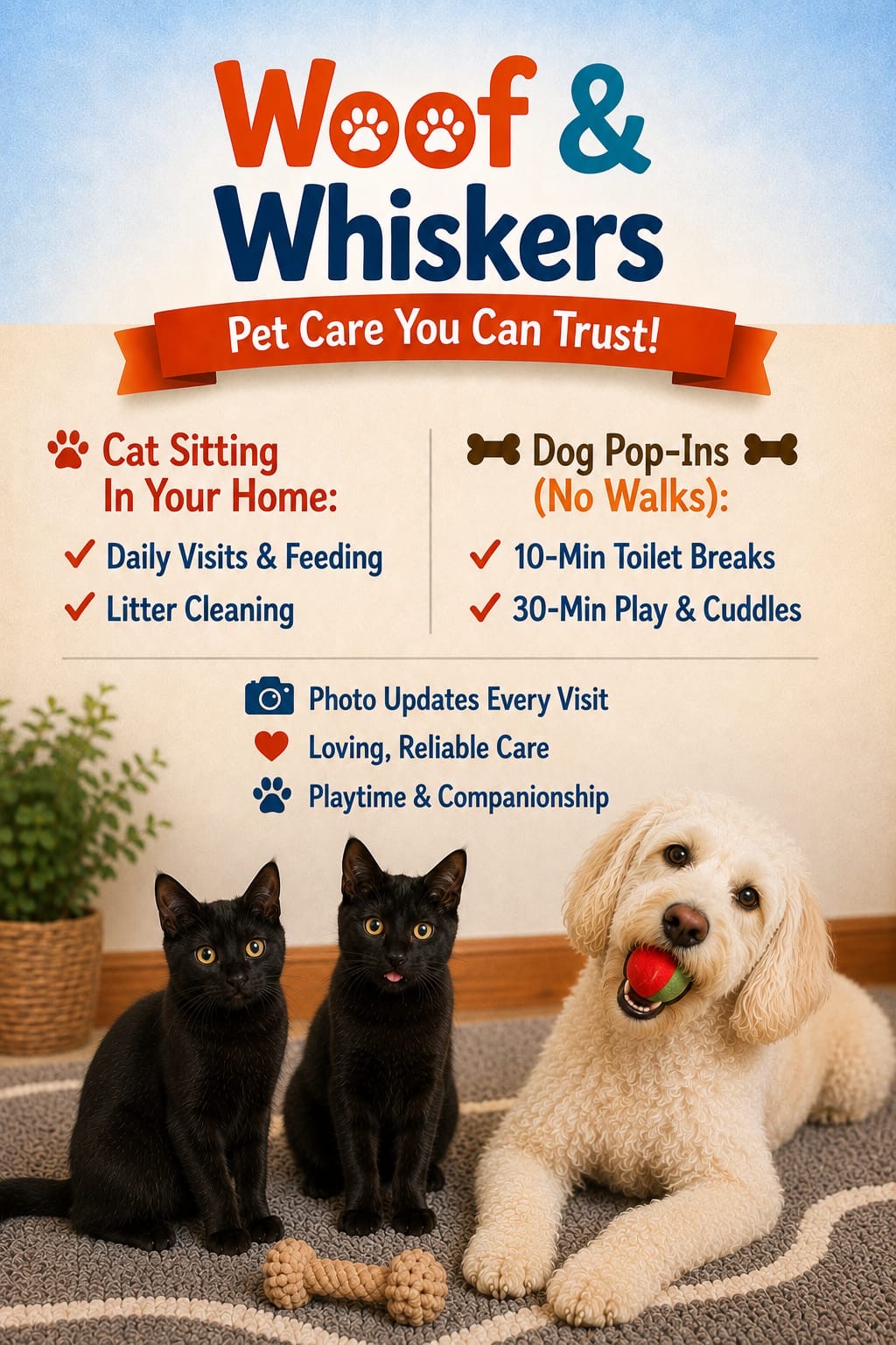 Happy pets enjoying Woof & Whiskers care